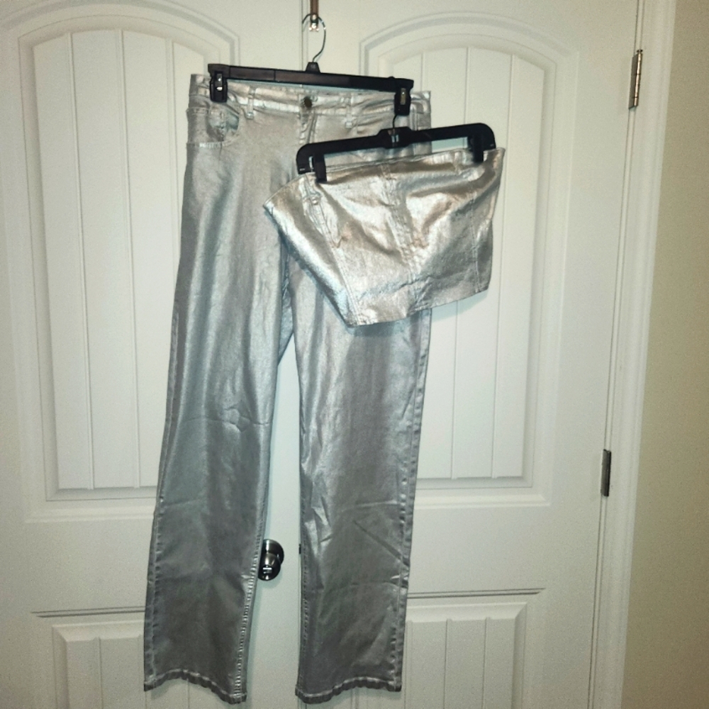 High Rise Metallic Silver Pants Set